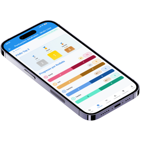 Mockup do aplicativo Scorio mostrando a tela de resultados de um jogo de tabuleiro.