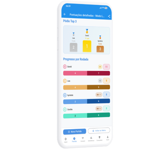 Tela das estatísticas e histórico de partidas no aplicativo Scorio.