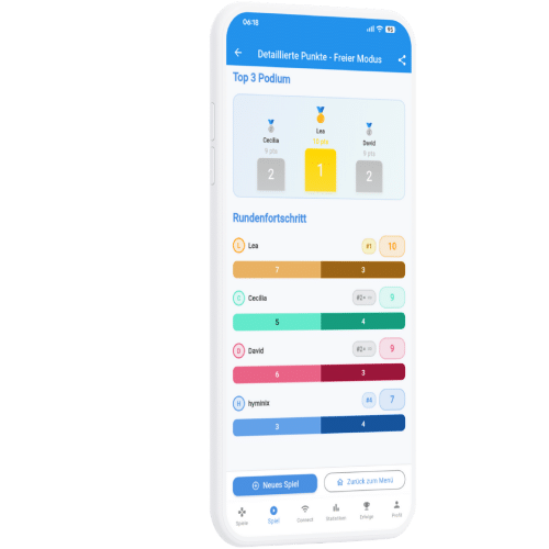 Bildschirm der Statistiken und des Spielverlaufs in der Scorio-App.