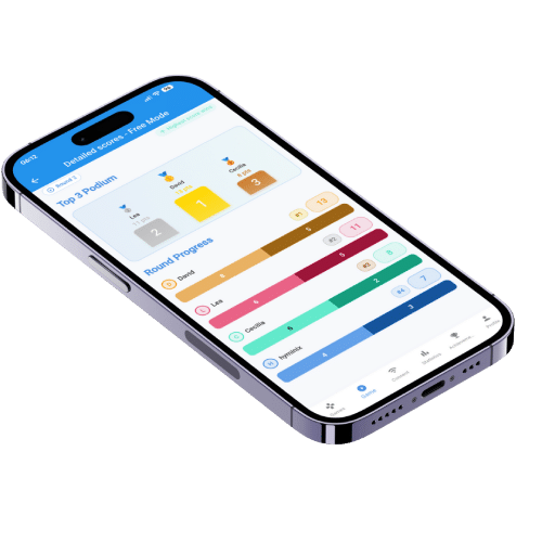 Mockup of the Scorio app showing the results screen of a board game.