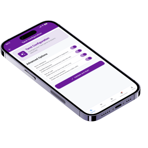 Mockup of the score assistant for French Tarot (contract management) on the Scorio app.