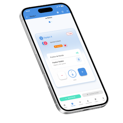 Mockup del árbitro de contrato para Belote en la aplicación de conteo de puntos Scorio.