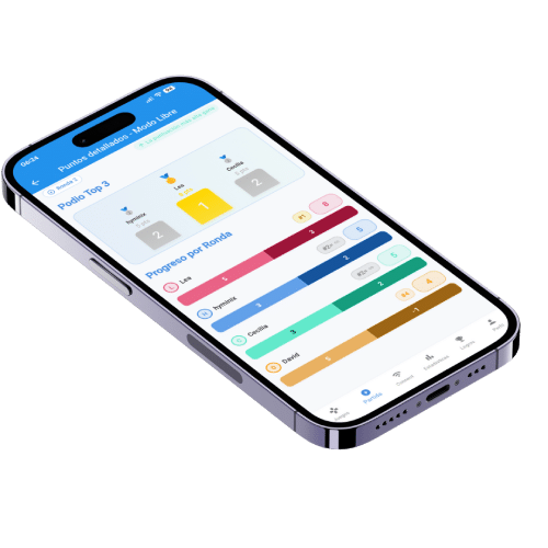 Mockup de la aplicación Scorio mostrando la pantalla de resultados de una partida de juego de mesa.