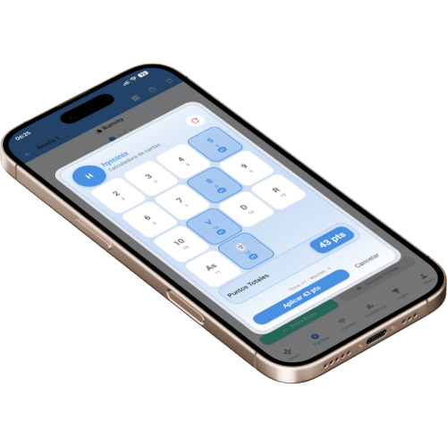 Mockup del calculador de puntos para Rami en la aplicación de puntuación Scorio.