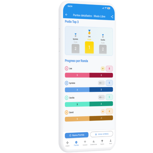 Pantalla de las estadísticas e historial de partidas en la aplicación Scorio.