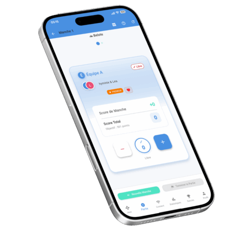 Mockup de l'arbitre de contrat pour la Belote sur l'application de comptage de points Scorio.