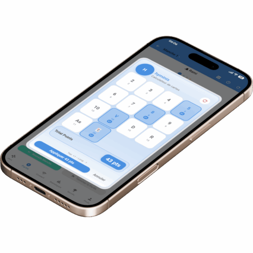 Mockup du calculateur de points pour le Rami sur l'application de score Scorio.