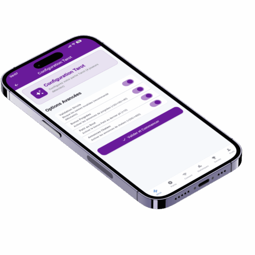 Mockup de l'assistant de score pour le Tarot (gestion des contrats) sur l'application Scorio.