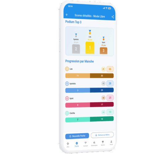 Écran des statistiques et de l'historique des parties sur l'application Scorio.