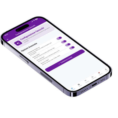Mockup dell'assistente di punteggio per i Tarocchi Francesi (gestione contratti) sull'app Scorio.