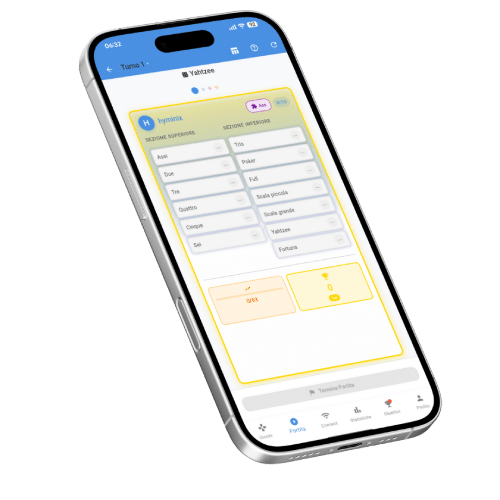Screenshot del segnapunti intelligente per Yam's (Yahtzee) sull'app Scorio.