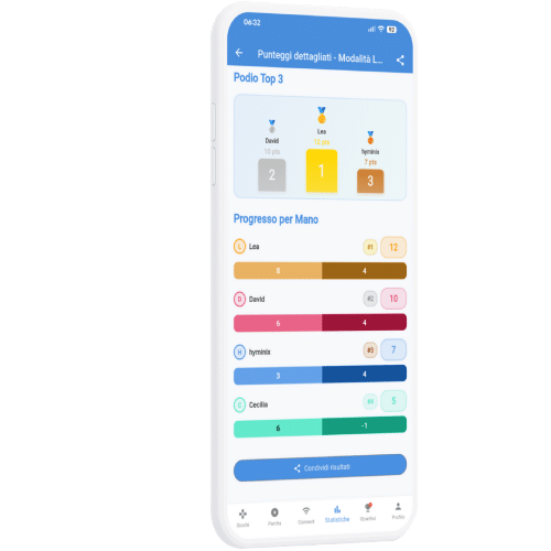 Schermata delle statistiche e della cronologia delle partite sull'app Scorio.