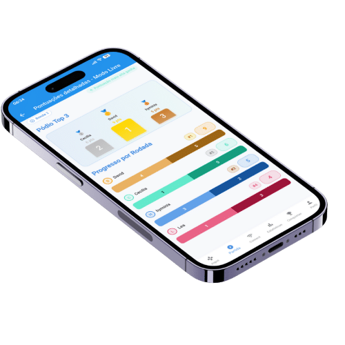 Mockup da aplicação Scorio a mostrar o ecrã de resultados de um jogo de tabuleiro.