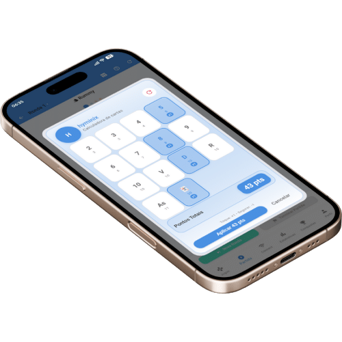 Mockup do calculador de pontos para Rummy na aplicação de pontuação Scorio.